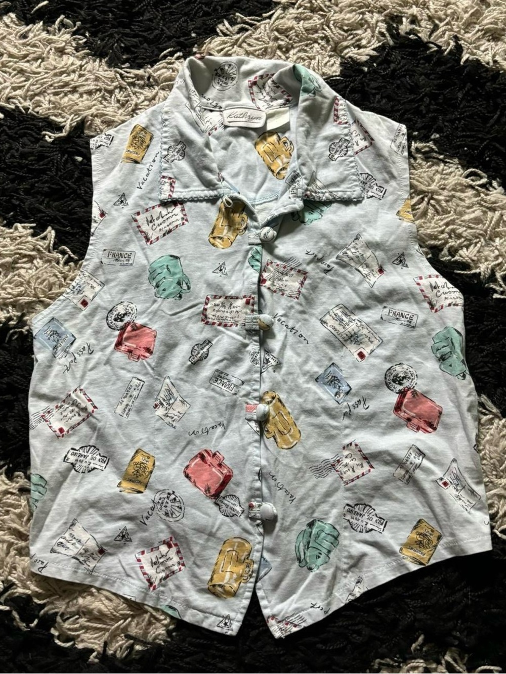 Kathryn Vintage 90’s Postcard Travel Graphic Light Blue Button Down Vest